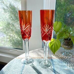 Vintage Bohemian Cranberry Cut to Clear Glass Champagne Flutes – Set of 2